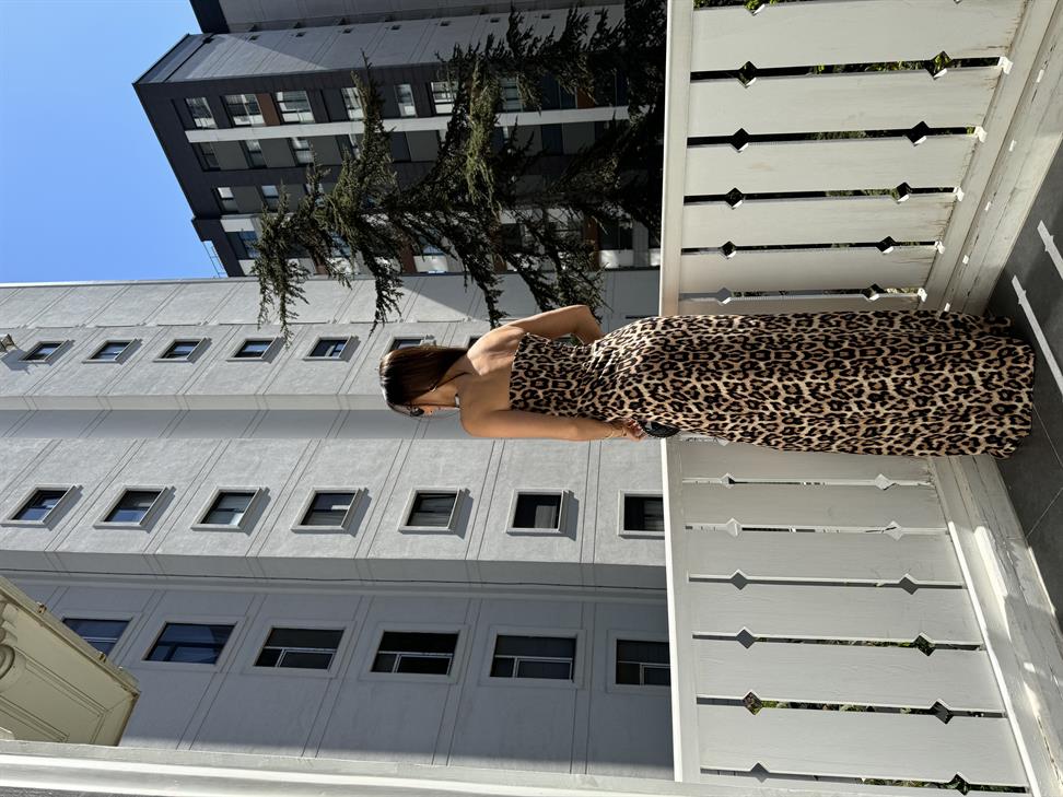 Kahve Straplez Leopar Maxi Elbise