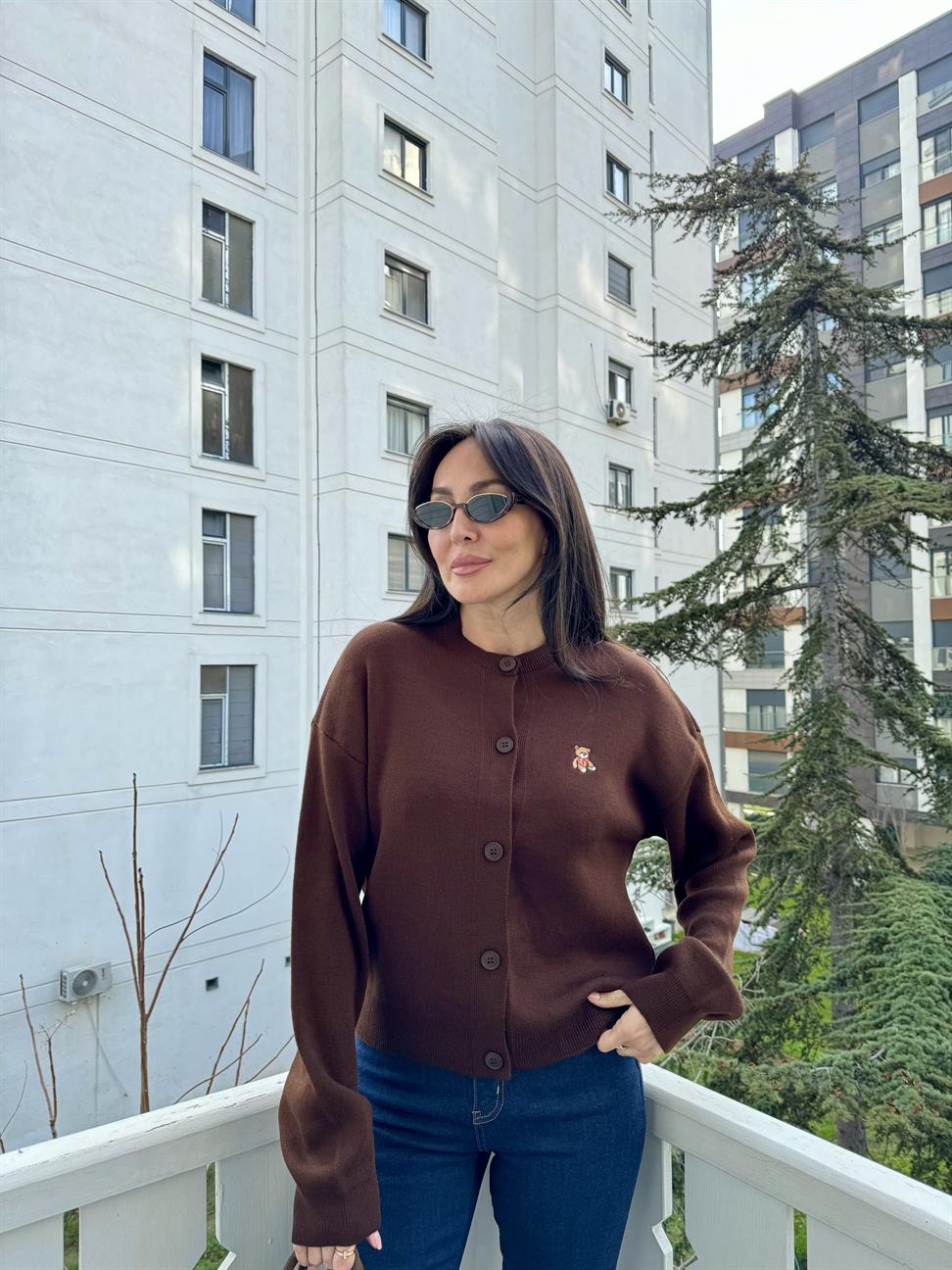 Kahve Tedy Nakışlı Bisiklet Yaka Hırka