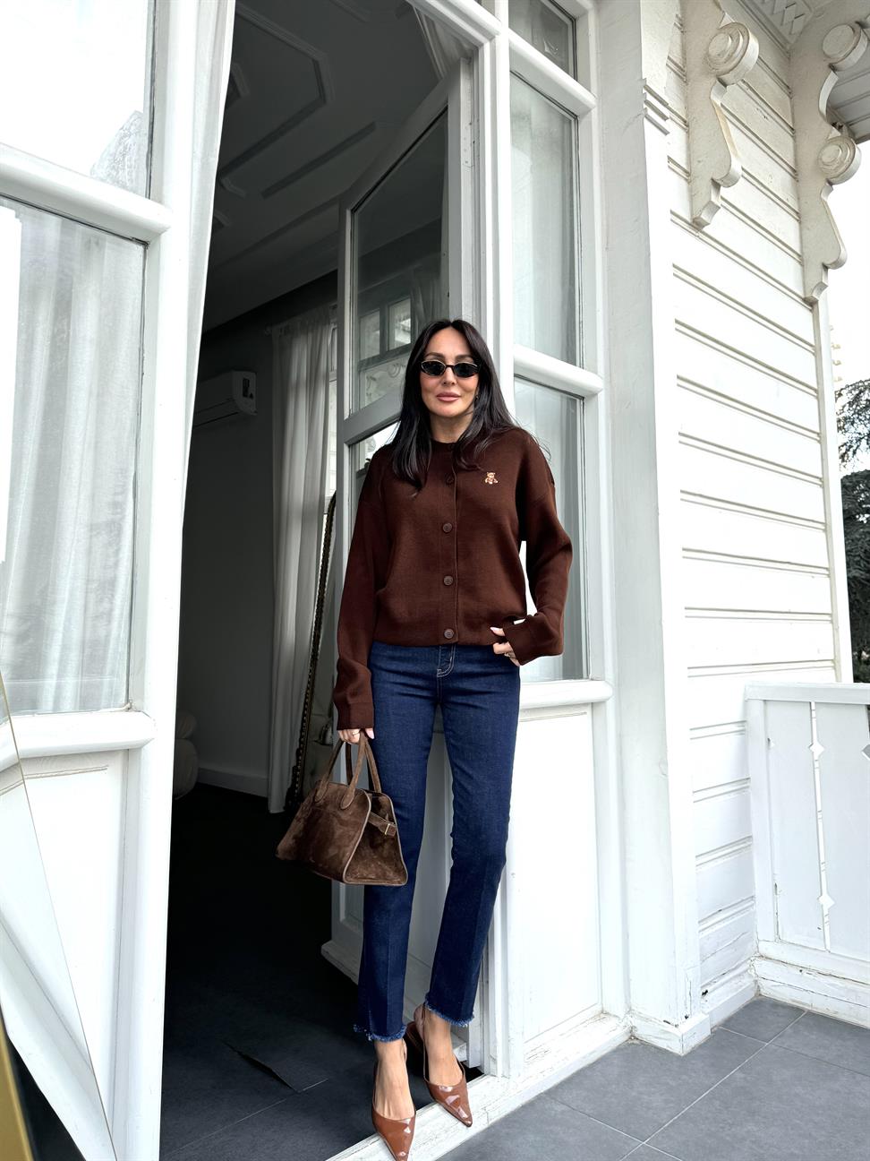 Kahve Tedy Nakışlı Bisiklet Yaka Hırka