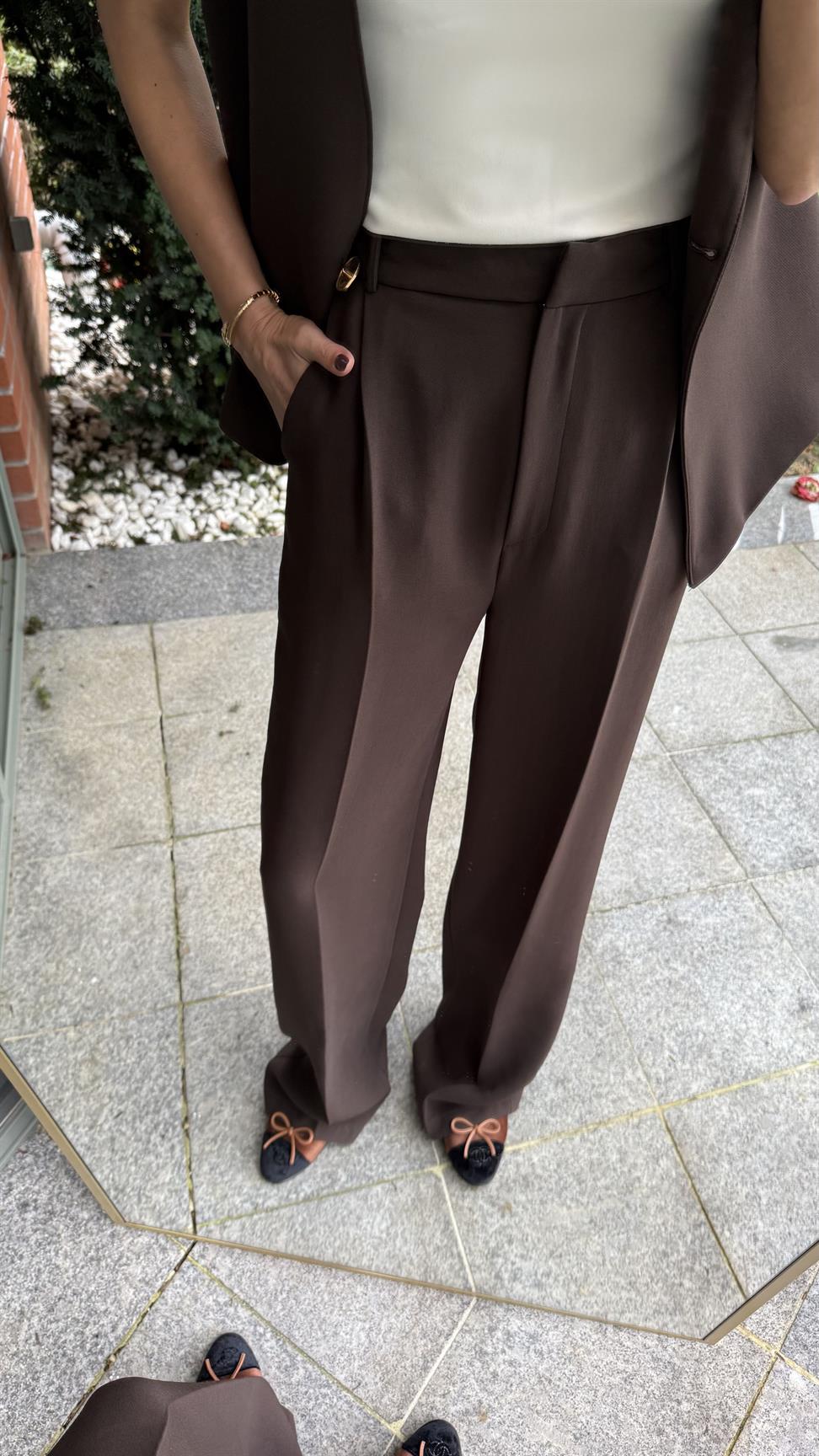 Kahve Tek Düğmeli Yelek Pantolon Takım