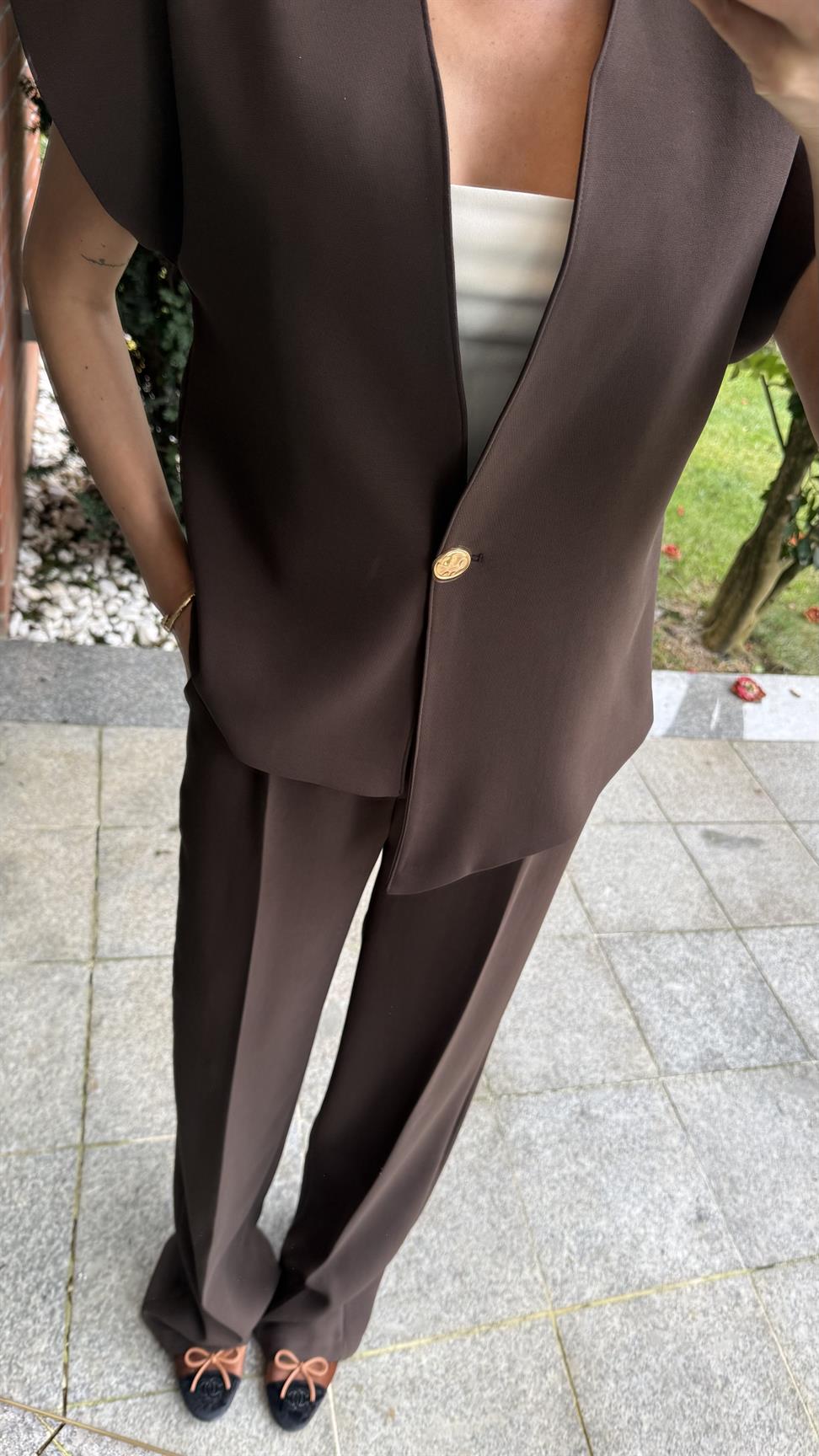 Kahve Tek Düğmeli Yelek Pantolon Takım