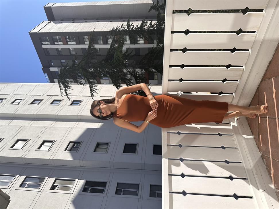 Kahve Tek Omuz Midi Elbise