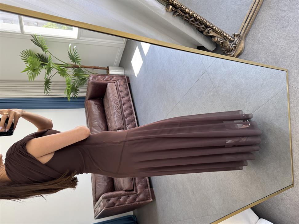 Kahve Tek Omuz Şifon Elbise