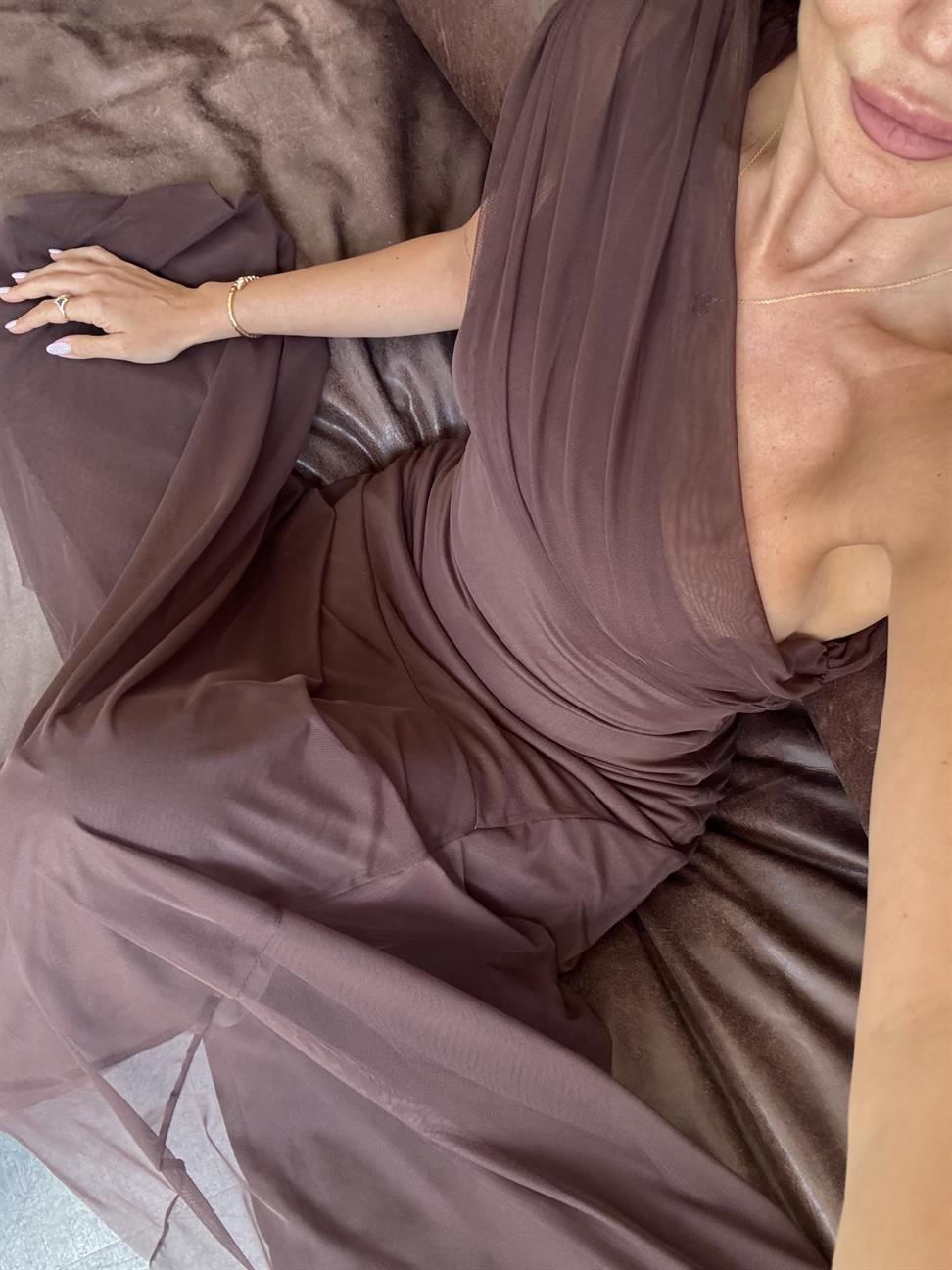 Kahve Tek Omuz Şifon Elbise