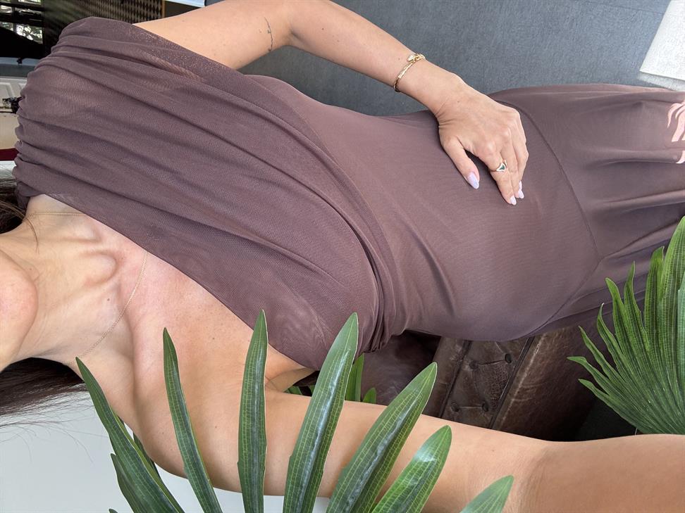 Kahve Tek Omuz Şifon Elbise