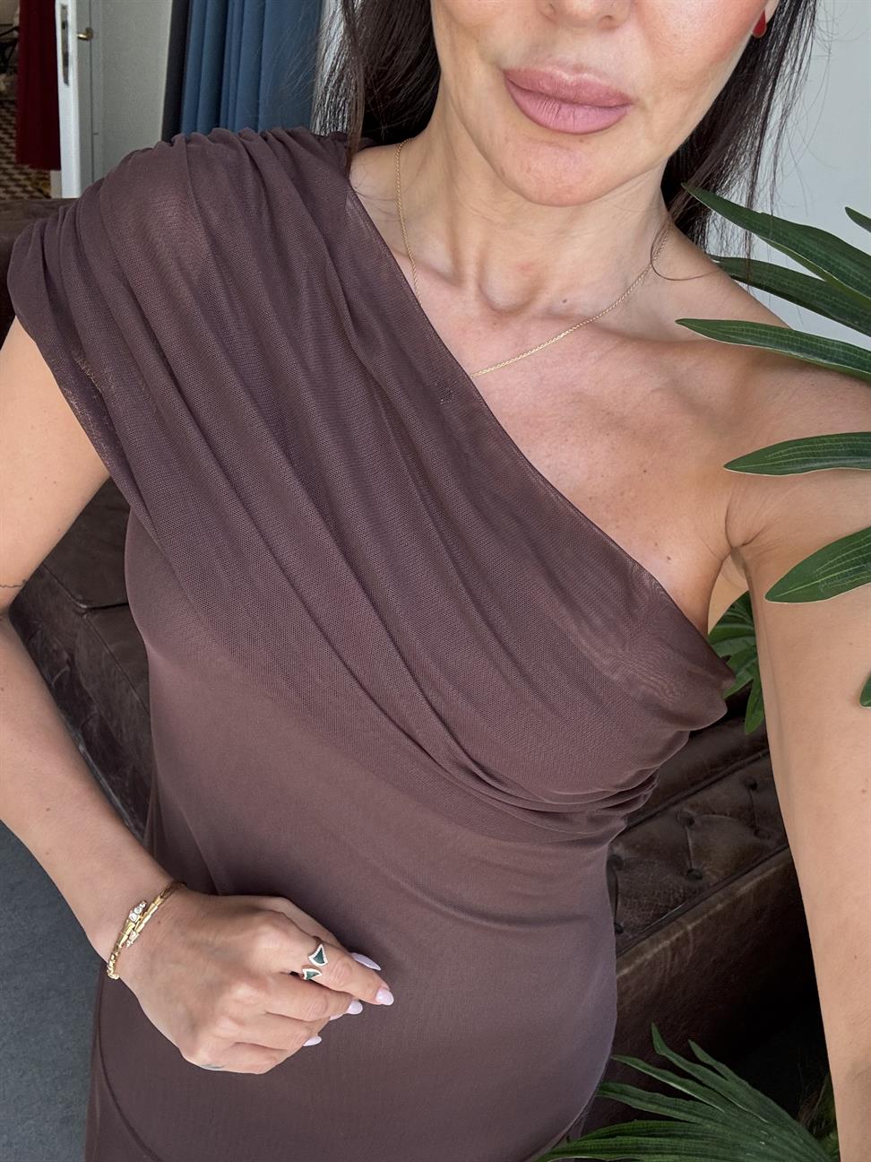 Kahve Tek Omuz Şifon Elbise