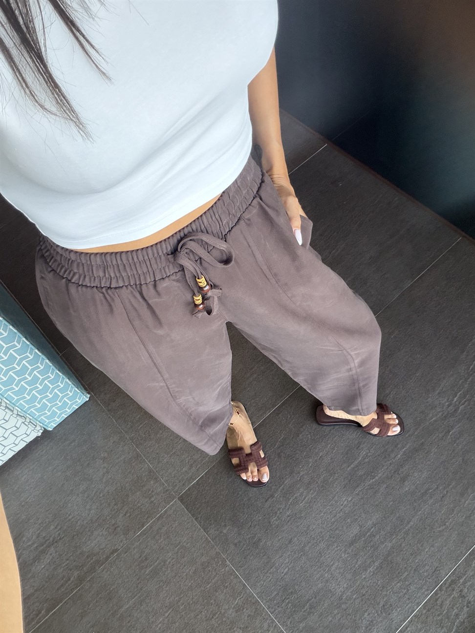 Kahve Tencel Bağcıklı Kumaş Pantolon