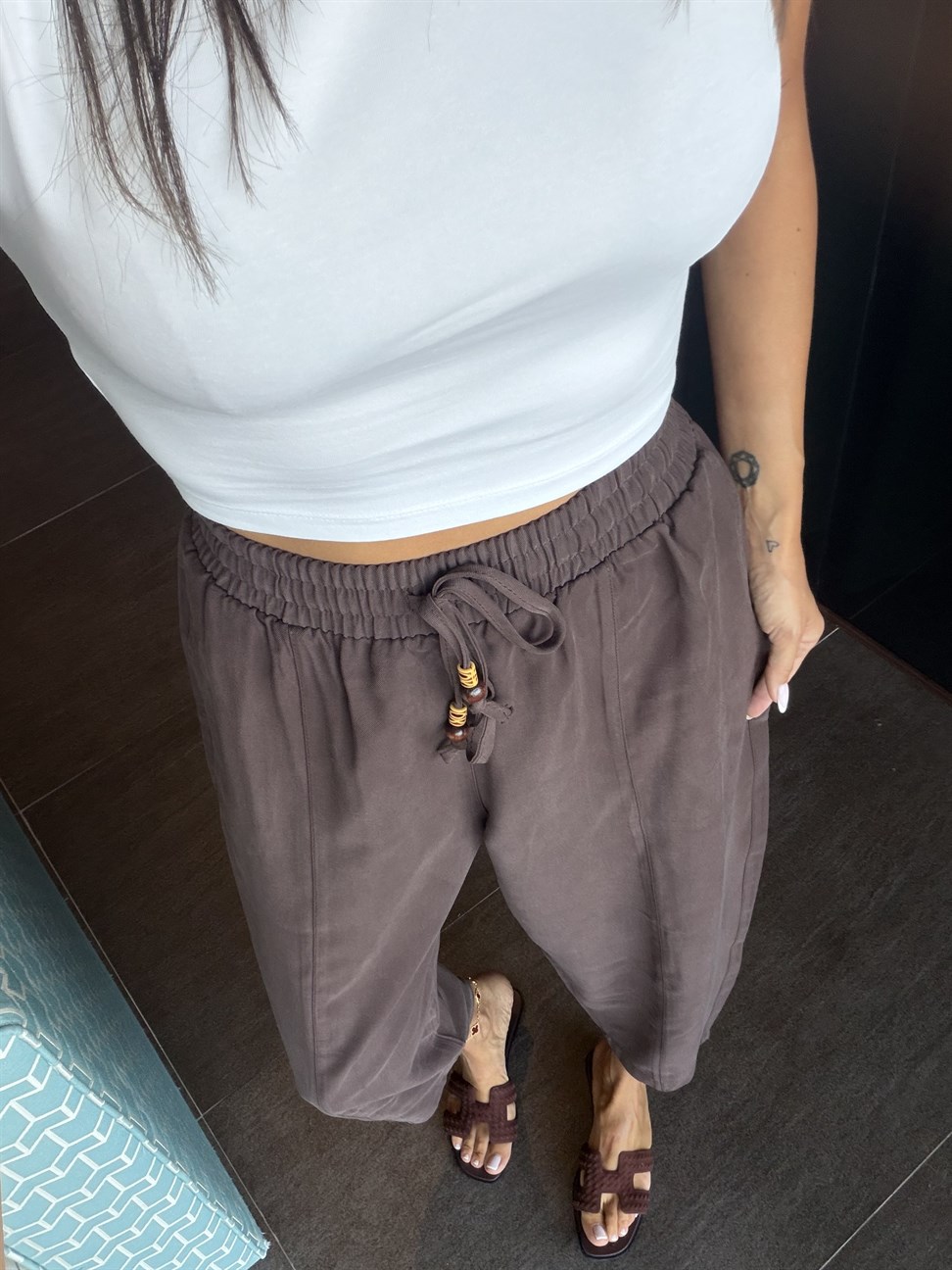 Kahve Tencel Bağcıklı Kumaş Pantolon