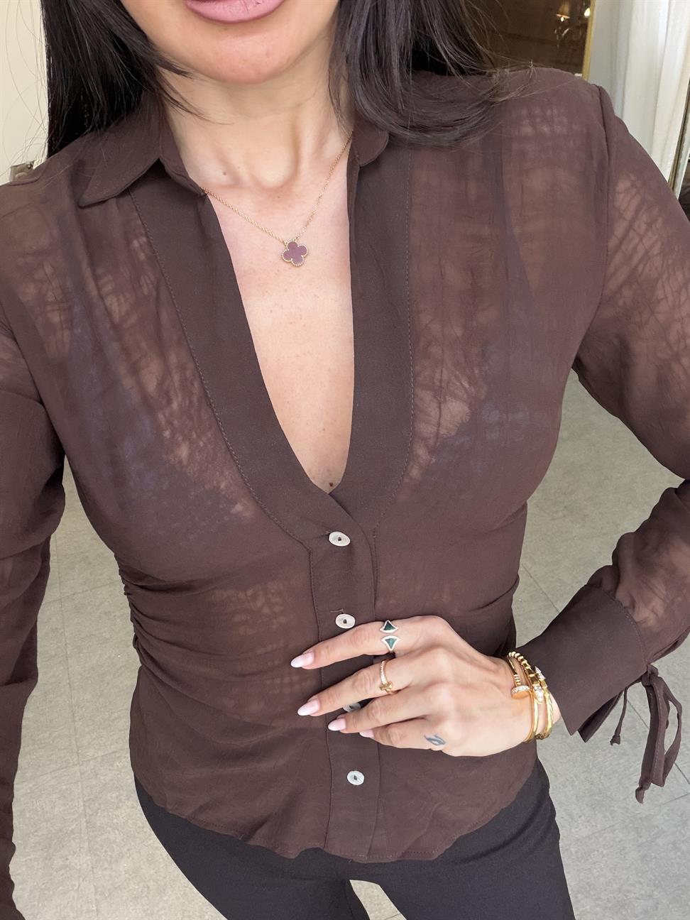 Kahve Transparan Kraşlı Gömlek