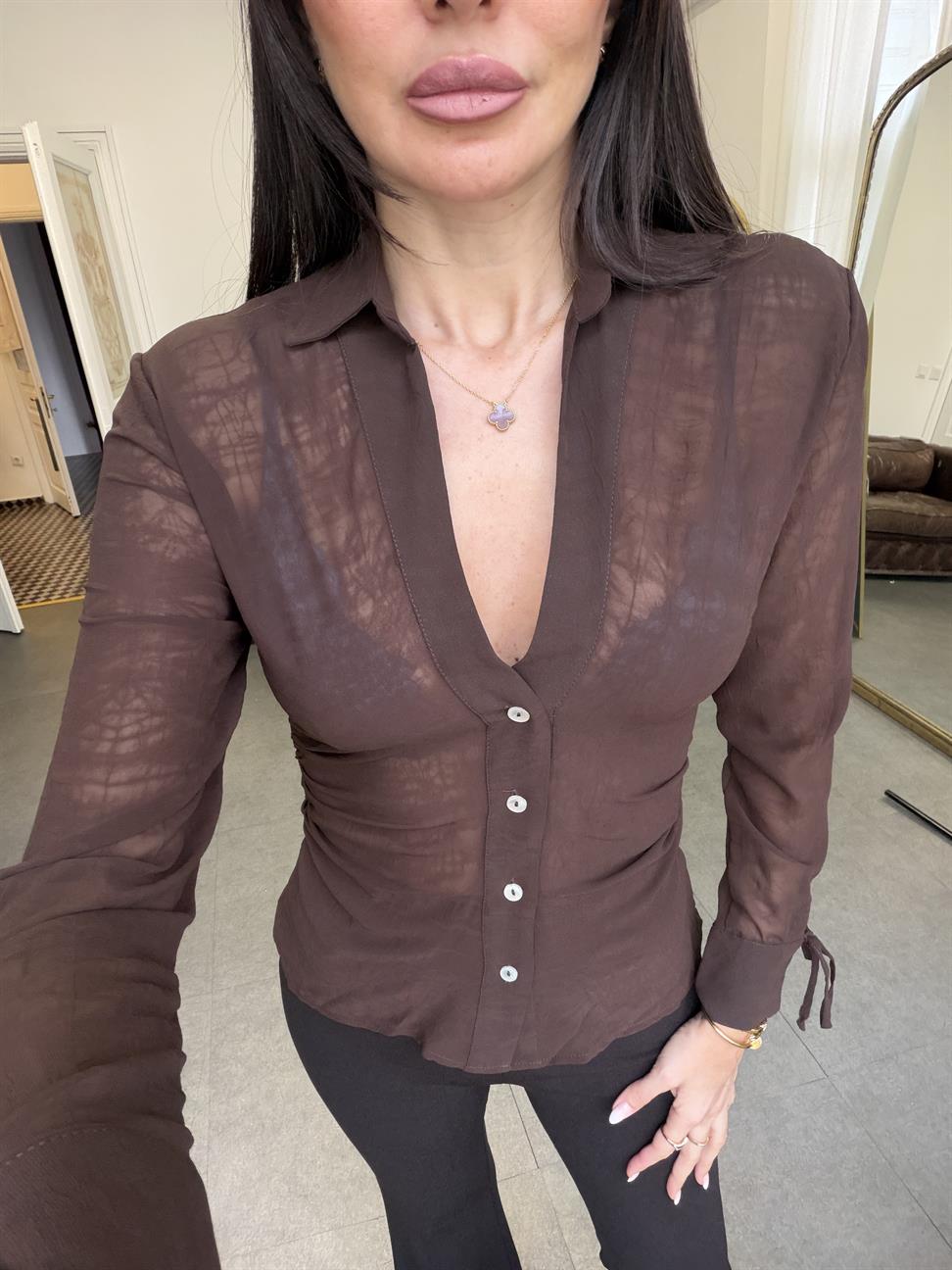 Kahve Transparan Kraşlı Gömlek