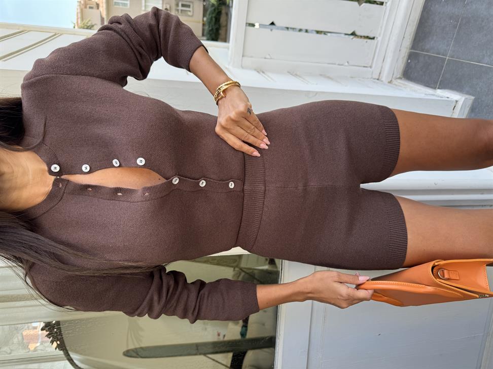 Kahve Triko Bodysuit Şortlu Takım