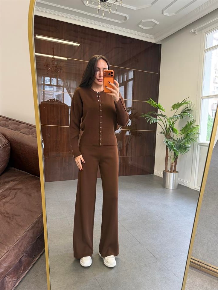 Kahve Triko Hırka Pantolon İkili Takım