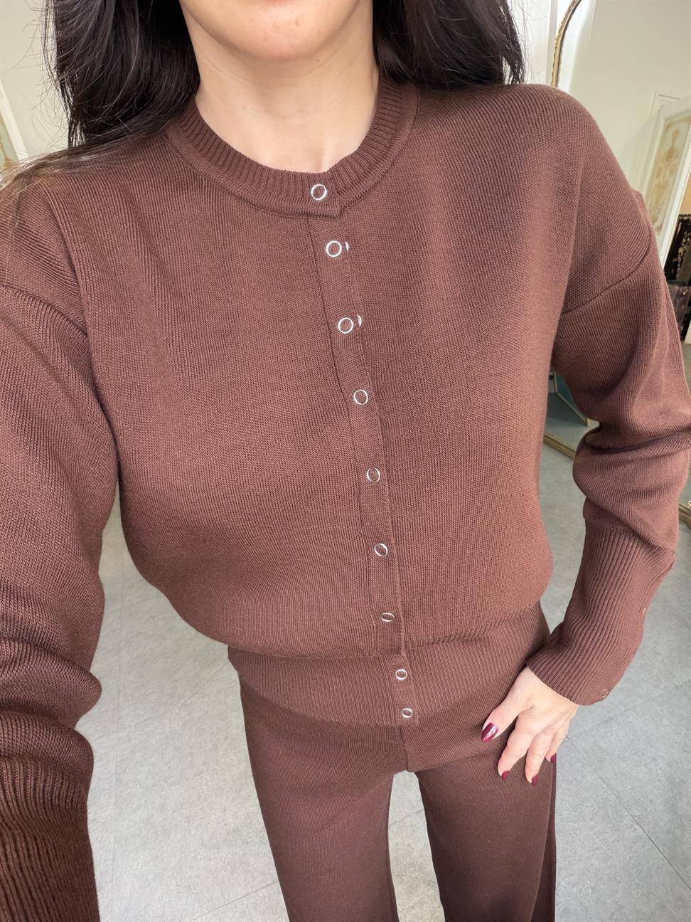 Kahve Triko Hırka Pantolon İkili Takım