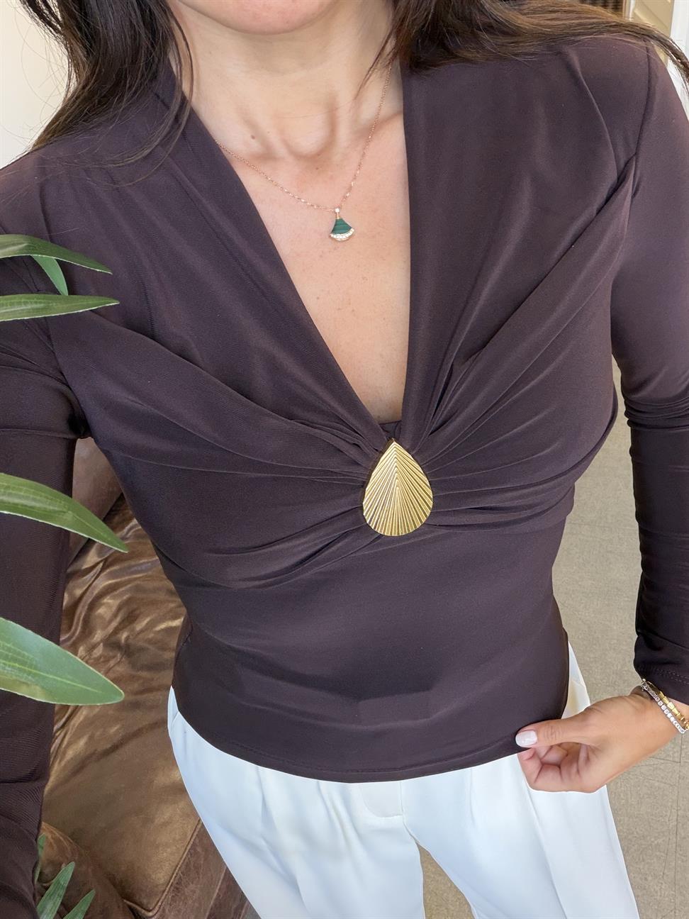 Kahve V Yaka Deniz Kabuklu Bluz