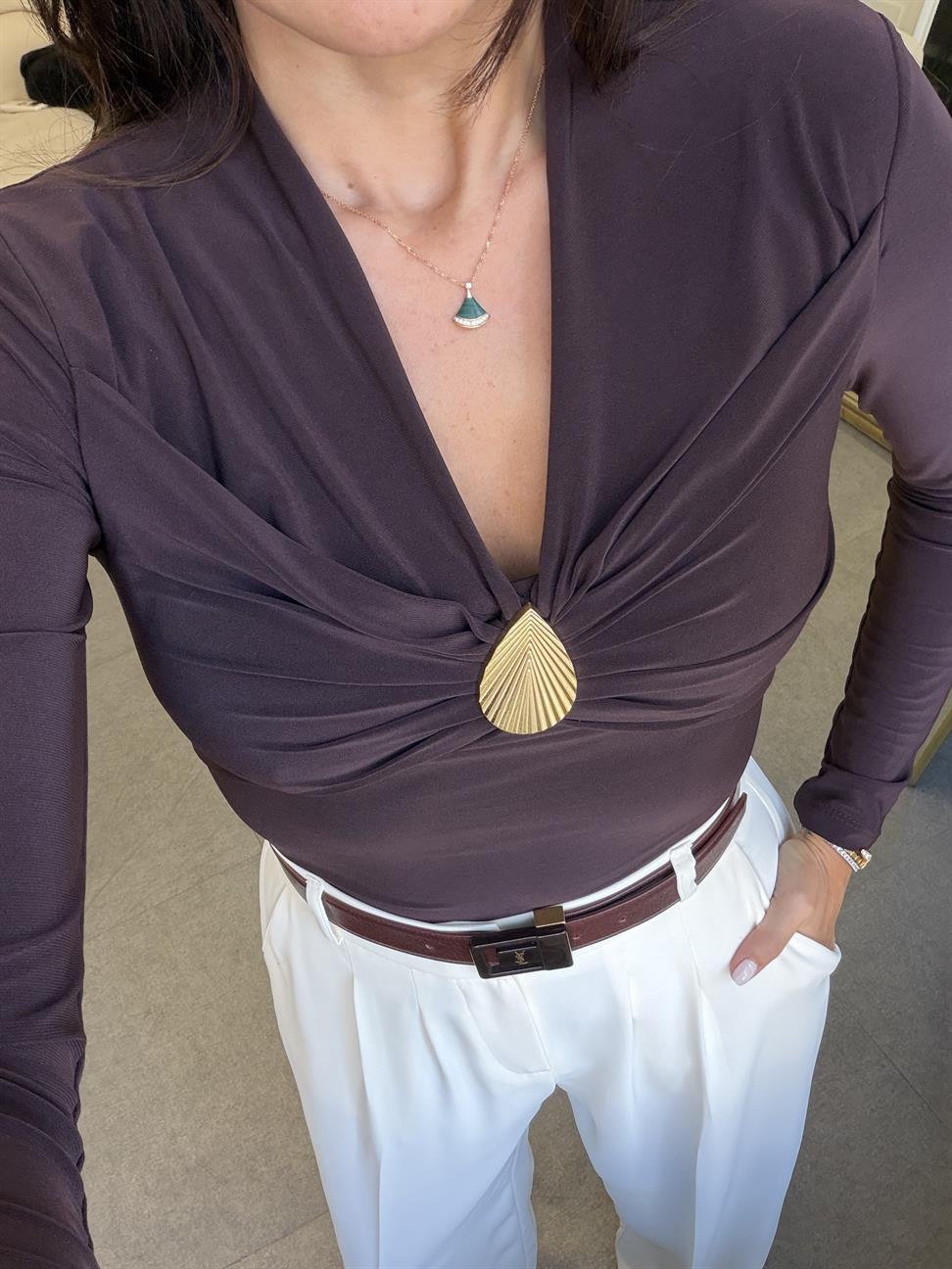 Kahve V Yaka Deniz Kabuklu Bluz