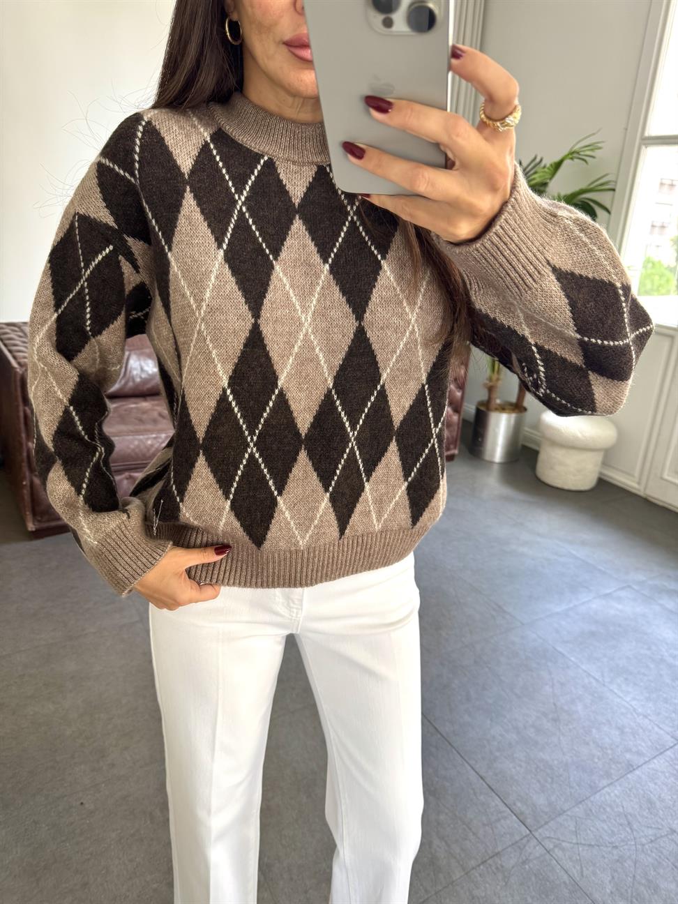 Kahve-Vizon Baklava Desen Kazak