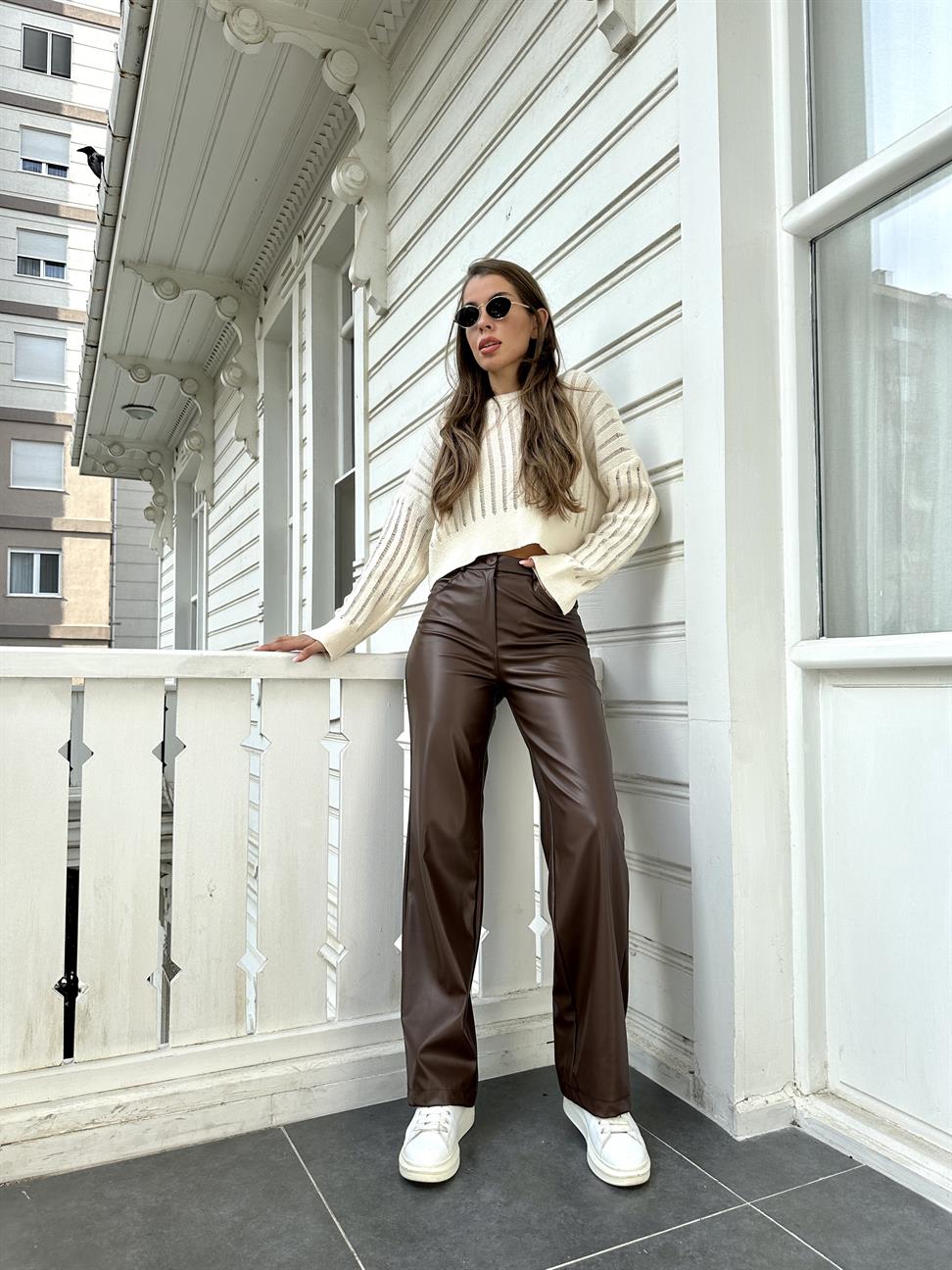 Kahve Wide-Leg Deri Pantolon