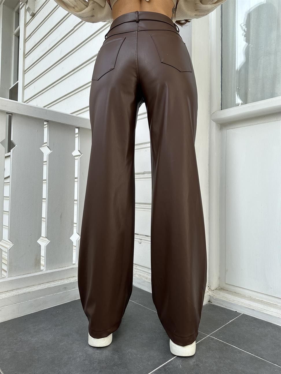 Kahve Wide-Leg Deri Pantolon