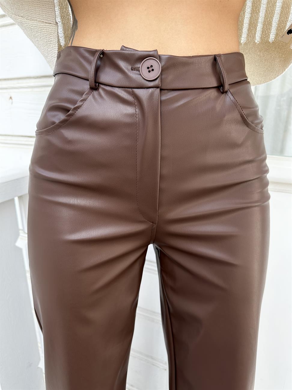 Kahve Wide-Leg Deri Pantolon