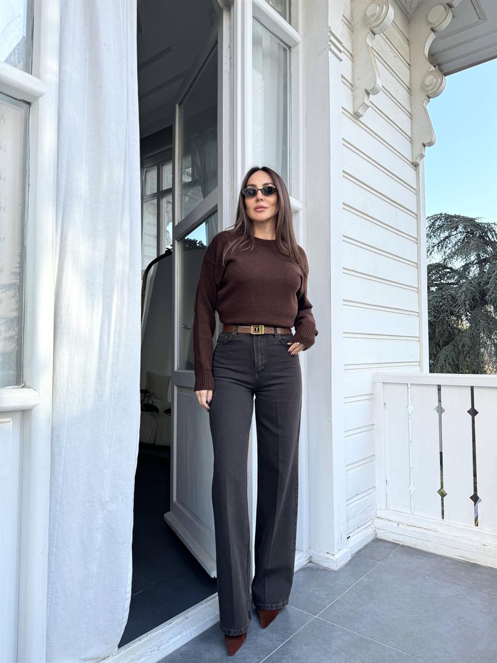 Kahve Wide Leg Jean Pantolon