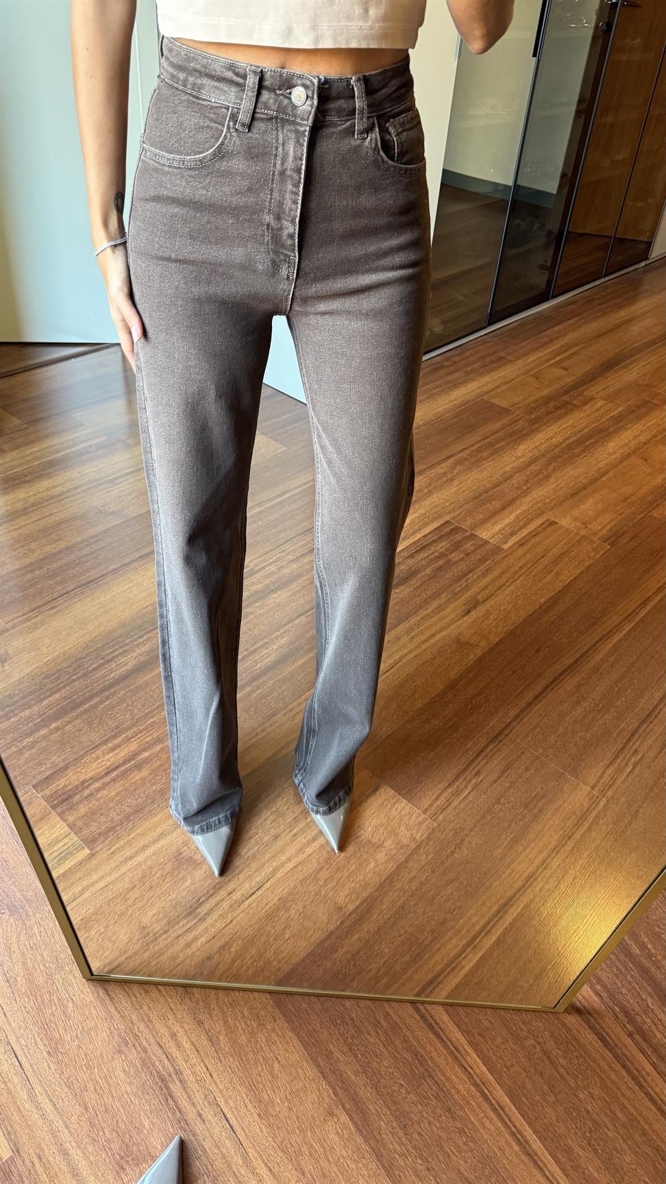 Kahve Wide Leg Jean Pantolon