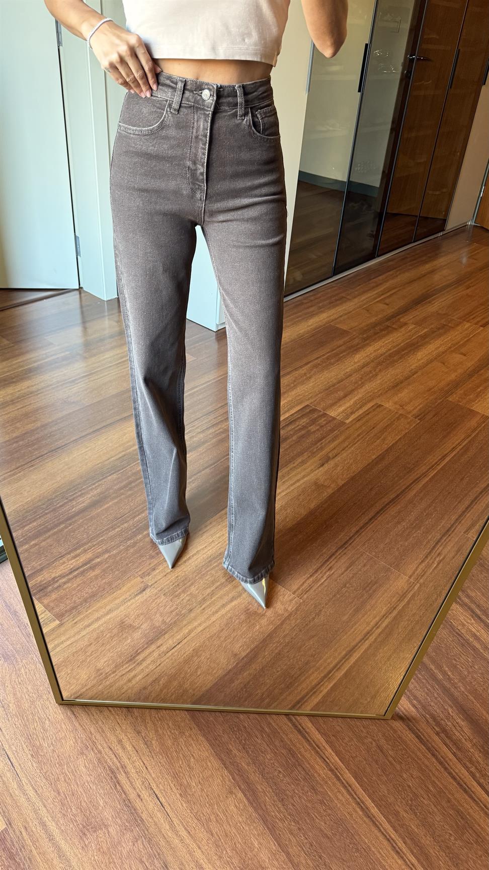 Kahve Wide Leg Jean Pantolon