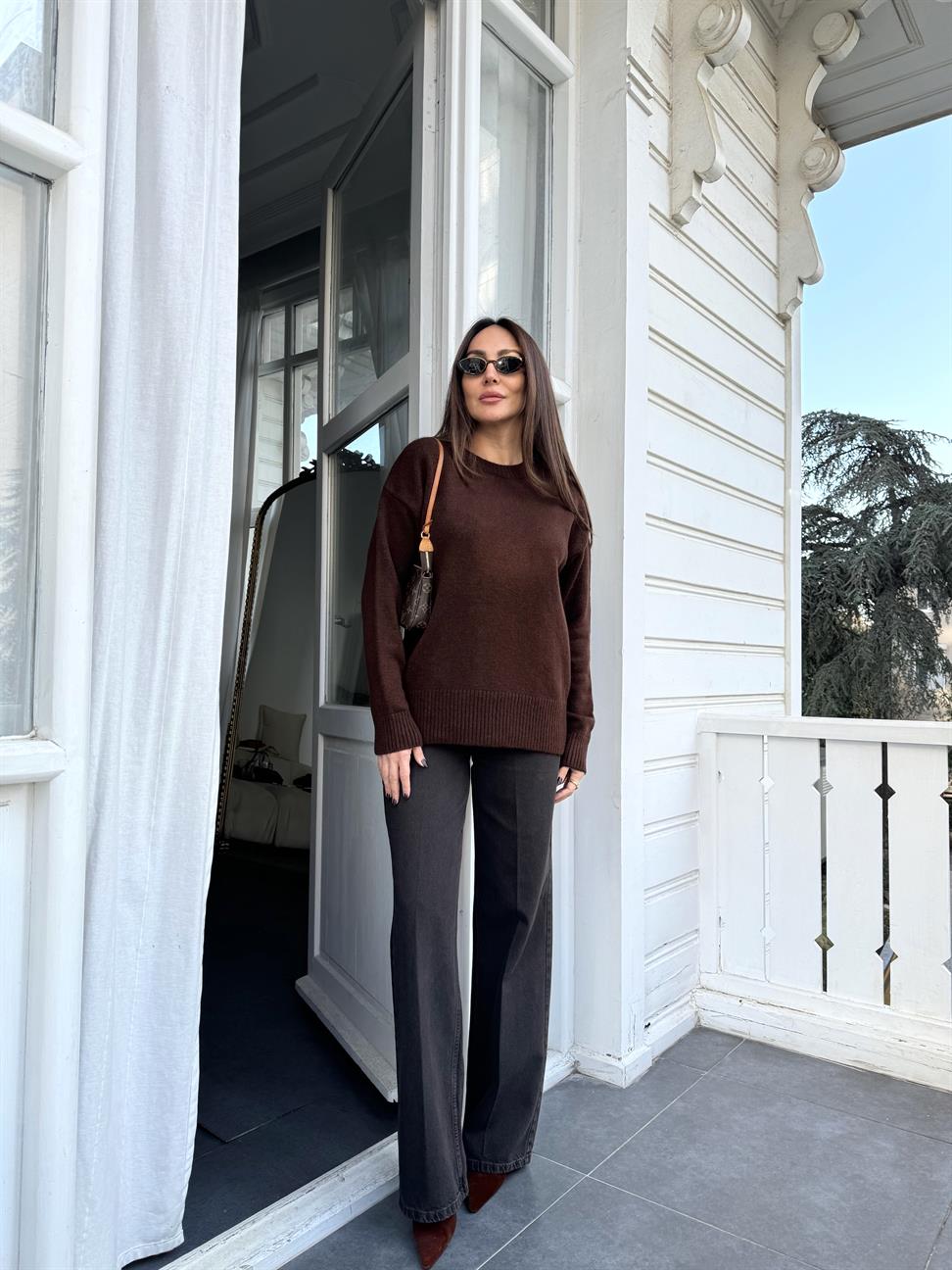 Kahve Wide Leg Jean Pantolon