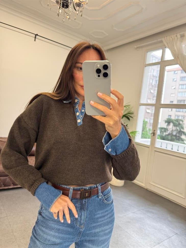 Kahve Yakası Kot Kazak