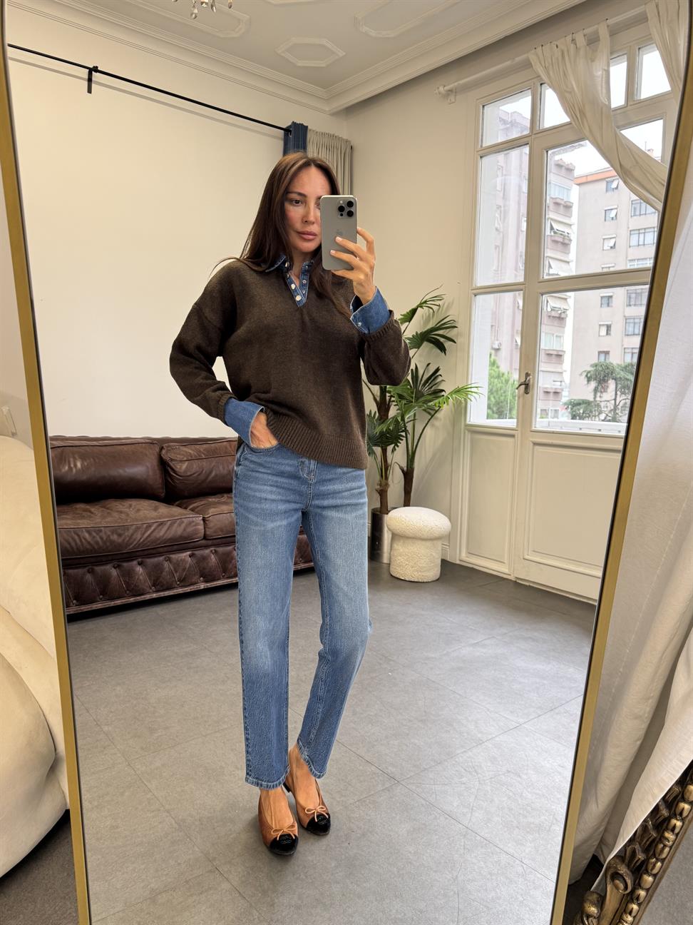 Kahve Yakası Kot Kazak