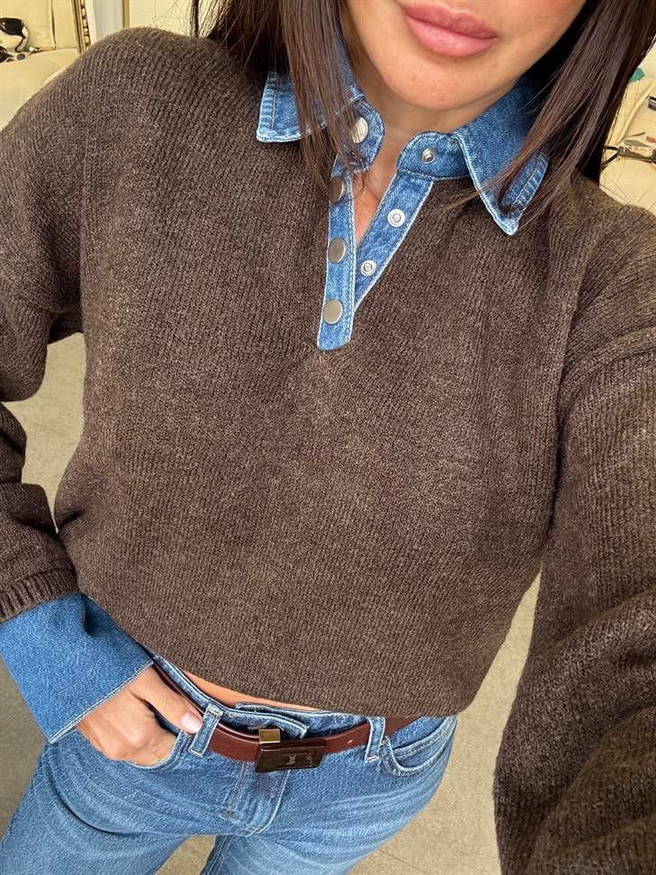 Kahve Yakası Kot Kazak