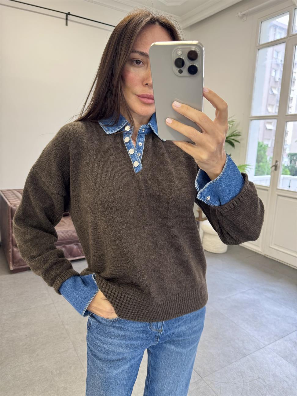 Kahve Yakası Kot Kazak