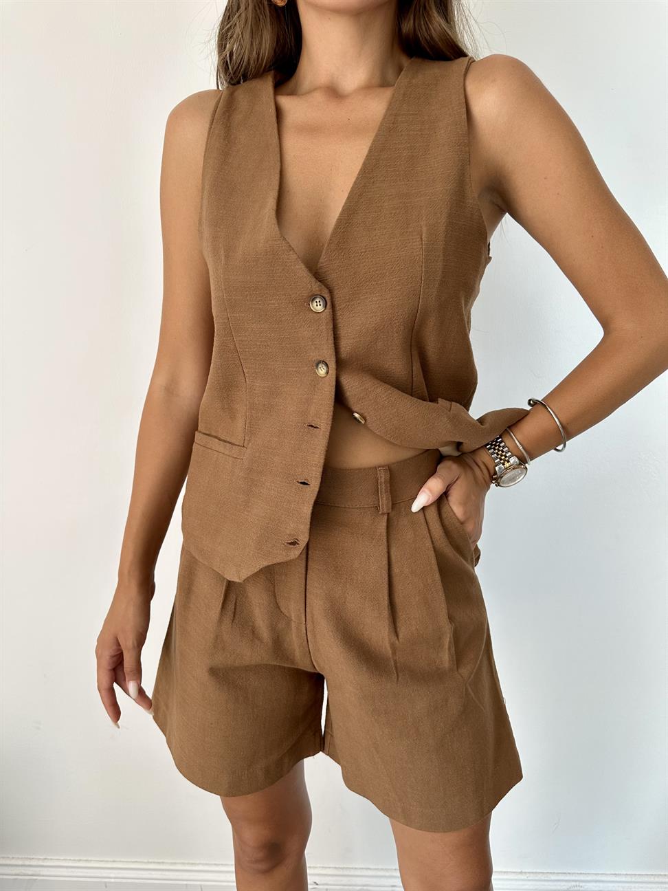 Kahve Yelekli Keten Takım