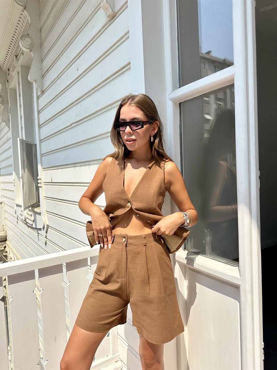 Kahve Yelekli Keten Takım