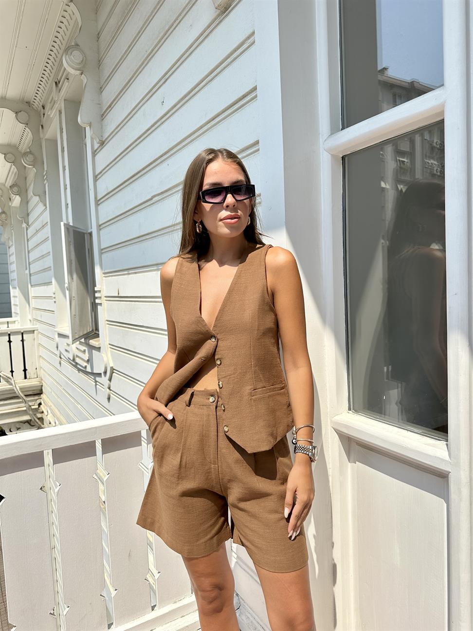 Kahve Yelekli Keten Takım