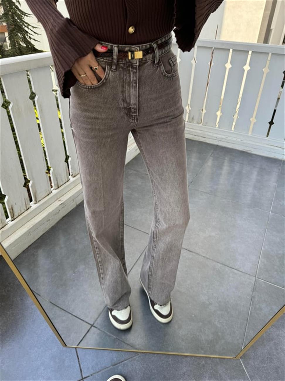 Kahve Yıkamalı Denim Straight Pantolon