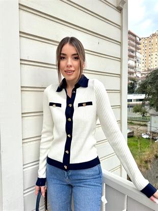 Kalın Fitilli Cepli Kalp Düğmeli Hırka Beyaz