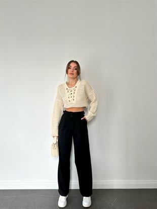 Kemerli Kadın Kumaş Pantolon Siyah