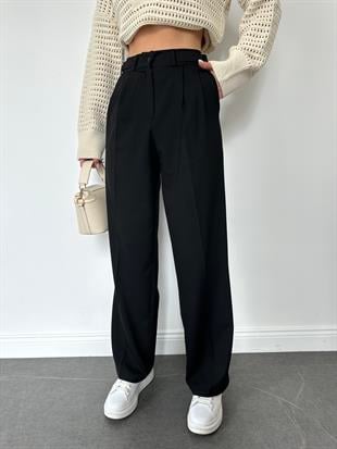 Kemerli Kadın Kumaş Pantolon Siyah