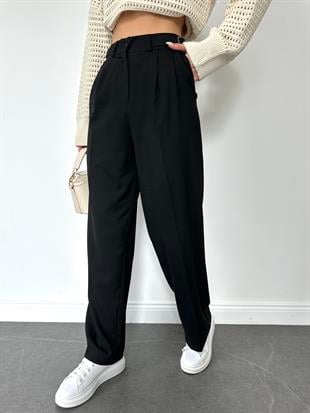 Kemerli Kadın Kumaş Pantolon Siyah