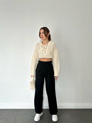 Kemerli Kadın Kumaş Pantolon Siyah