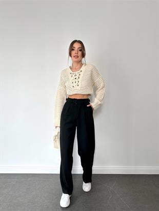 Kemerli Kadın Kumaş Pantolon Siyah