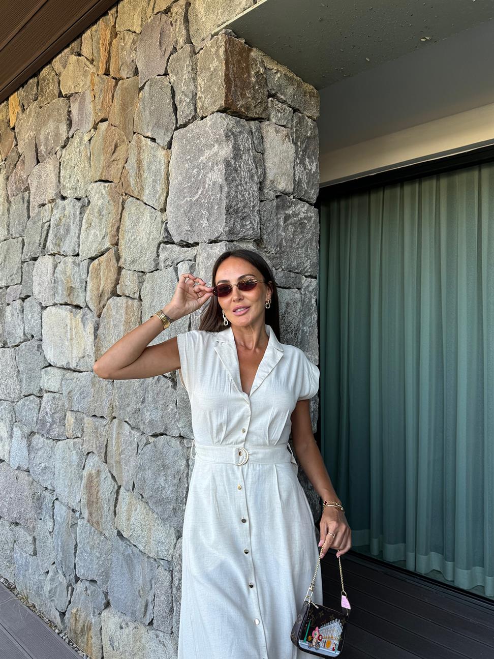 Krem Keten Kemerli Elbise