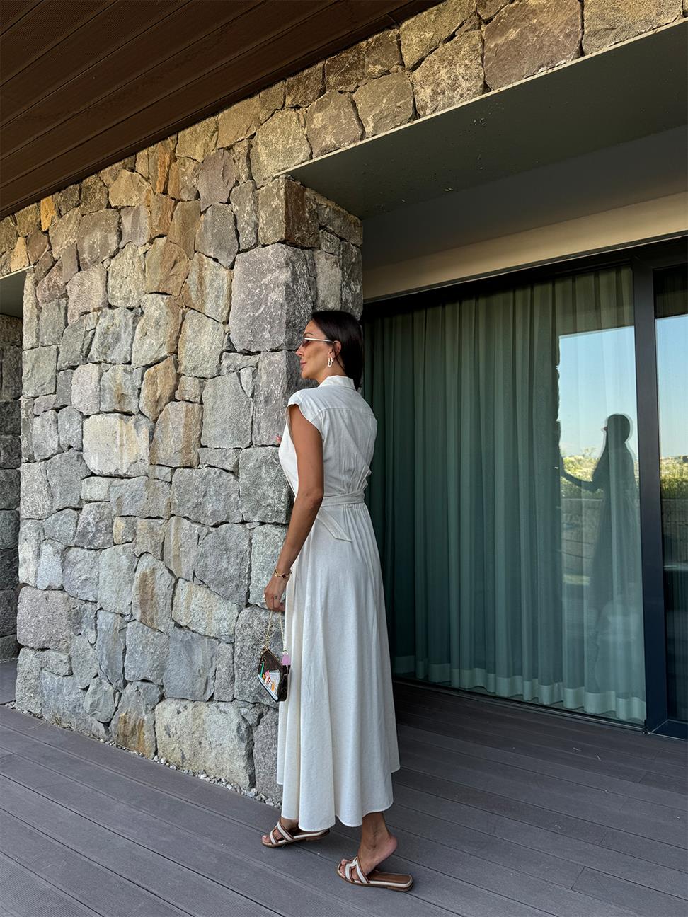 Krem Keten Kemerli Elbise