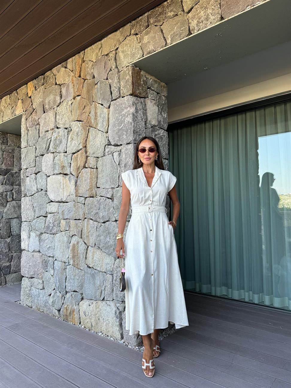 Krem Keten Kemerli Elbise