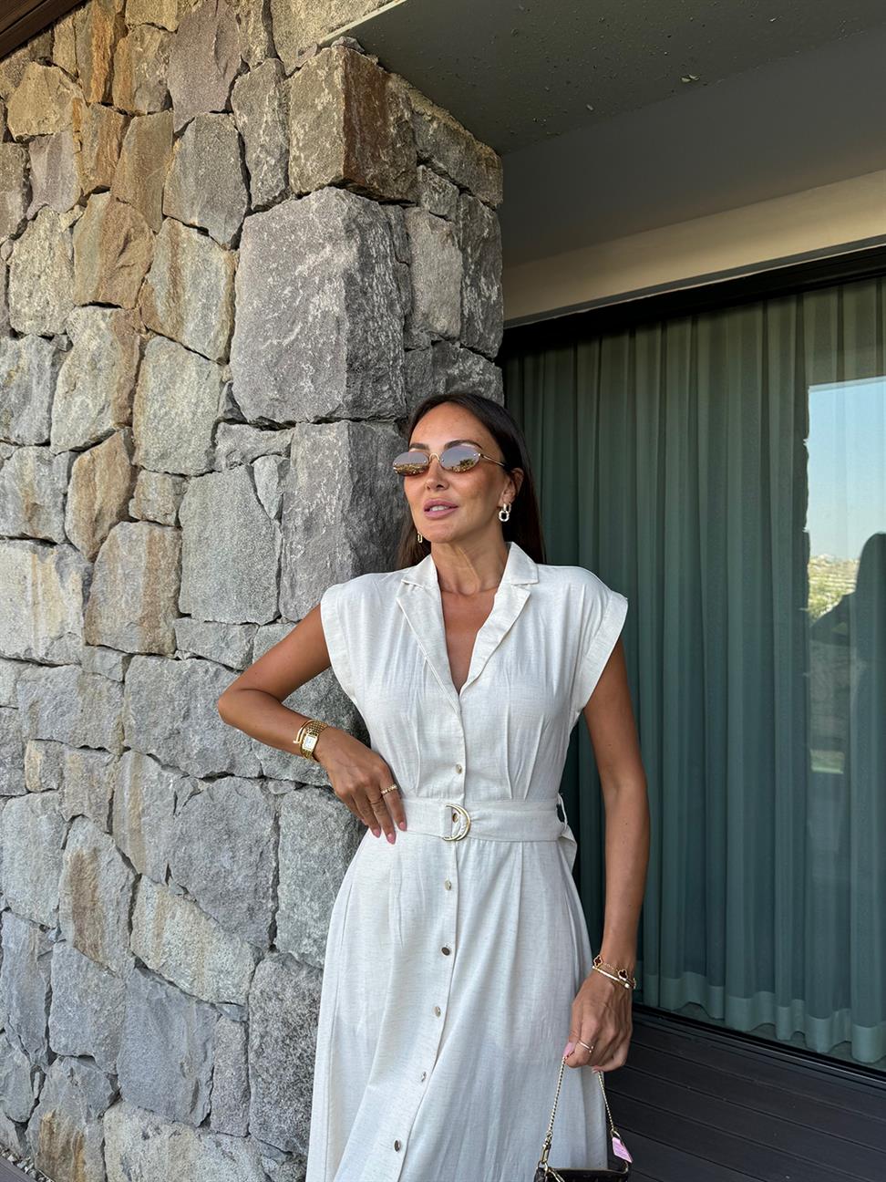 Krem Keten Kemerli Elbise