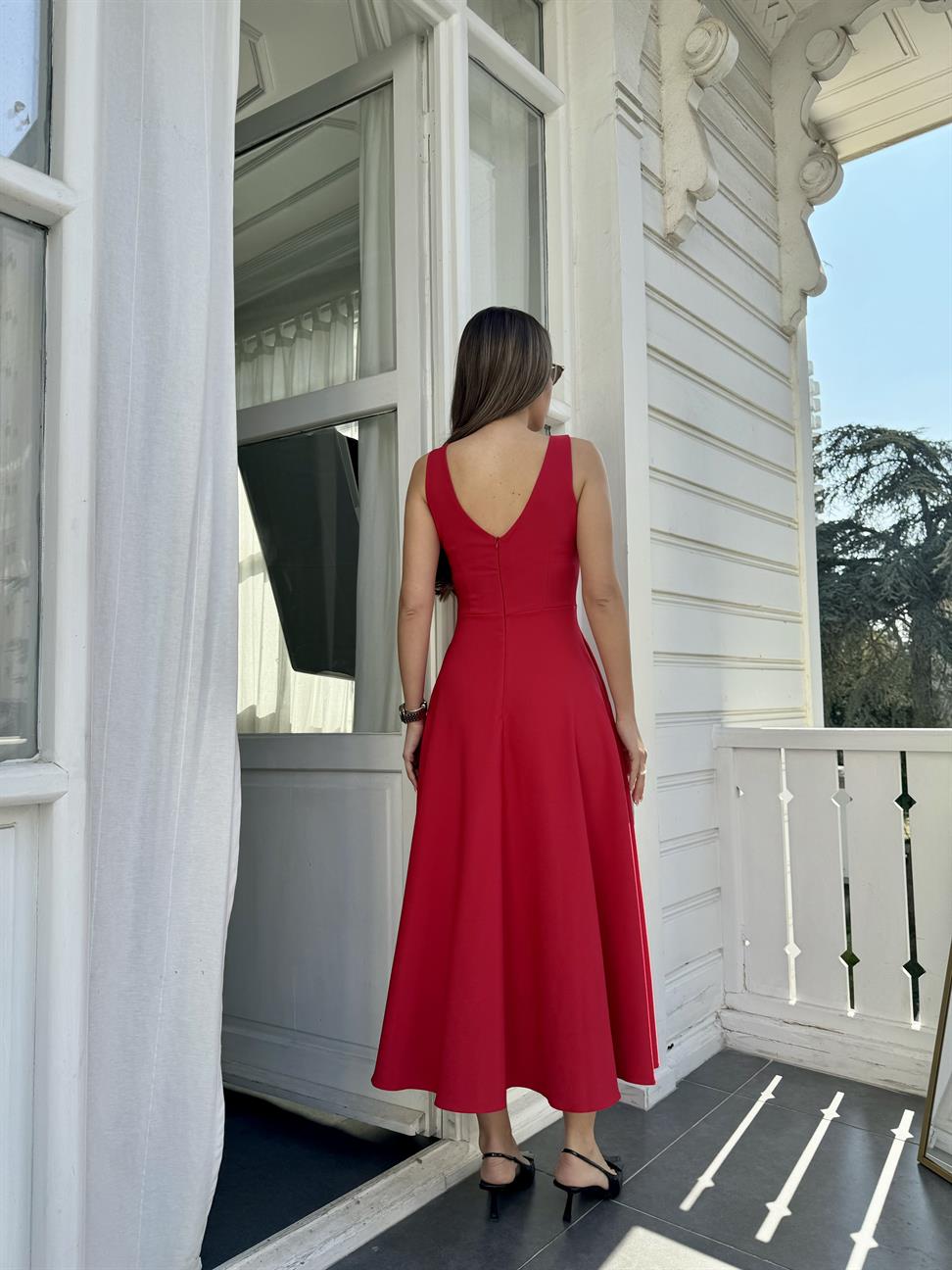 Kırmızı A Kesim Midi Boy Elbise