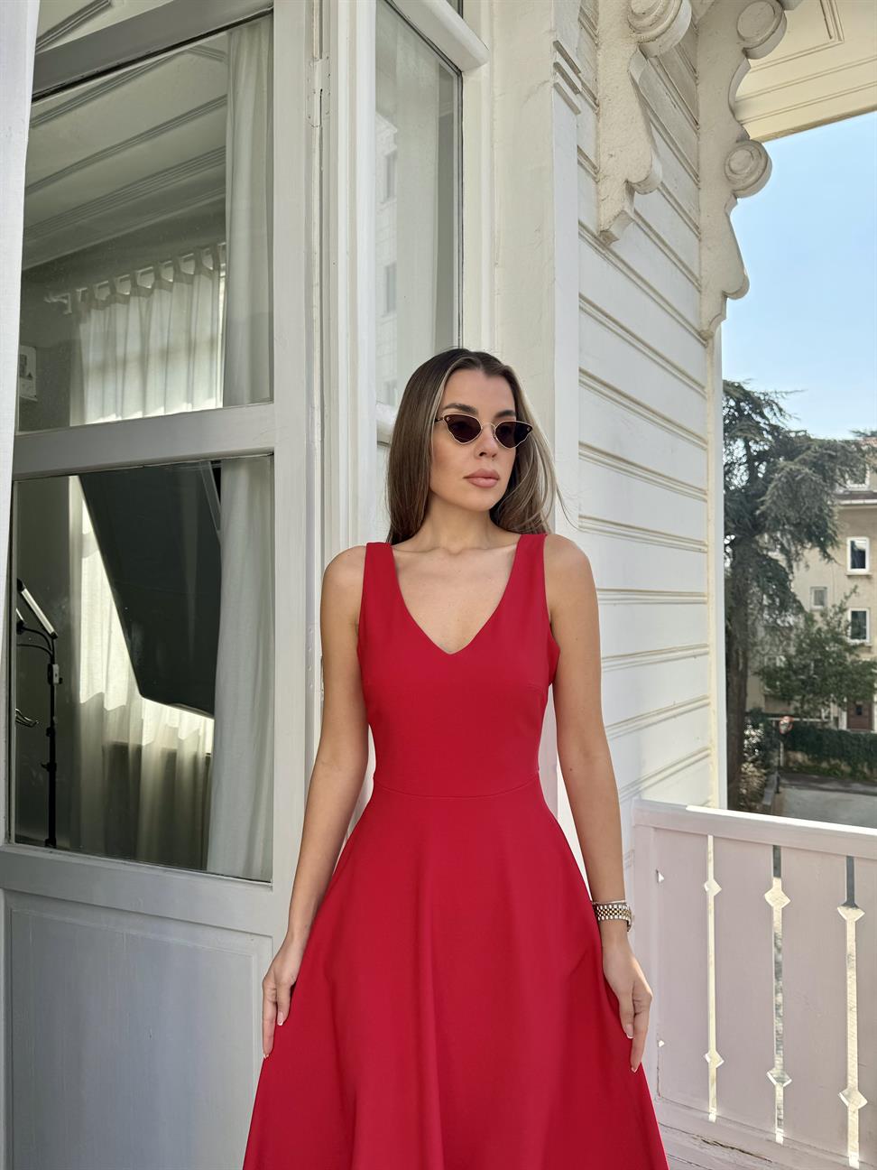 Kırmızı A Kesim Midi Boy Elbise