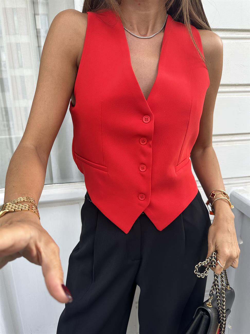 Kırmızı Sırt Tasarımlı Blazer Düğmeli Yelek