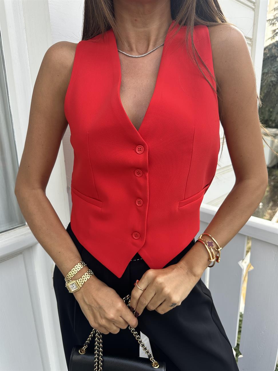 Kırmızı Sırt Tasarımlı Blazer Düğmeli Yelek