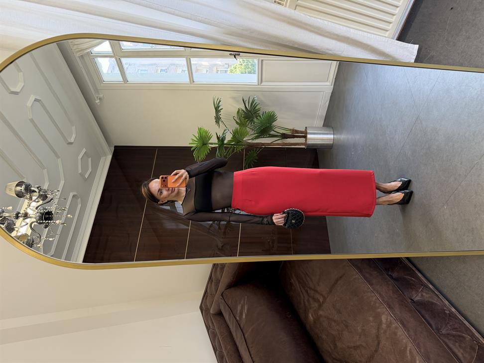 Kırmızı Kalp Detay Yırtmaçlı Etek